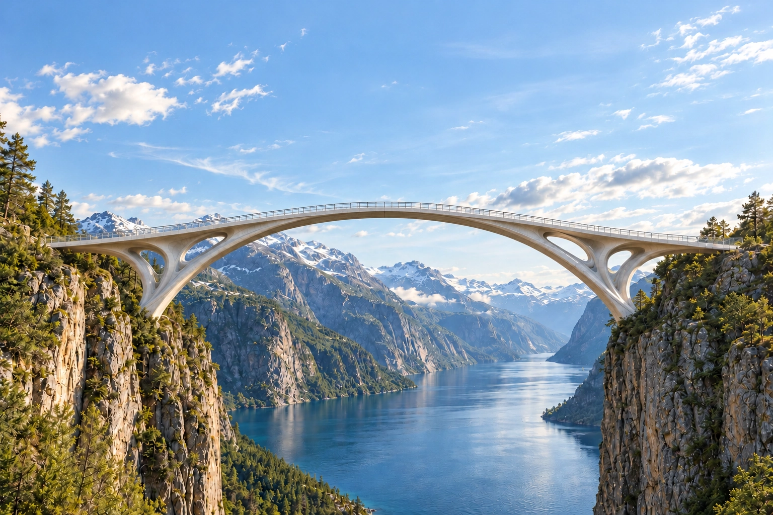 A sculptural concrete arch bridge over an alpine fjord
